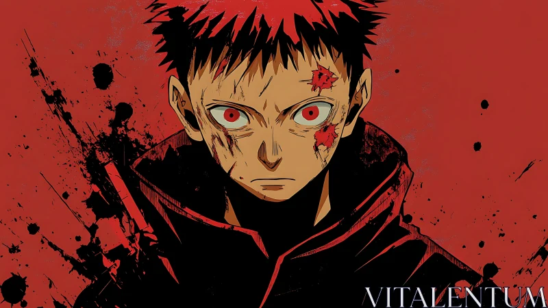 Blood-splattered anime boy stares forward under red void