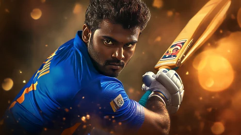 Fiery cricket striker poised in glowing stadium aura.