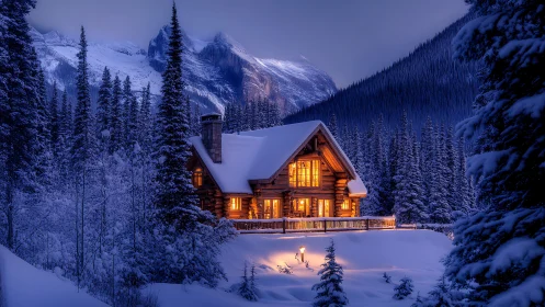 Snow-covered log cabin in conifer forest at dusk in winter.