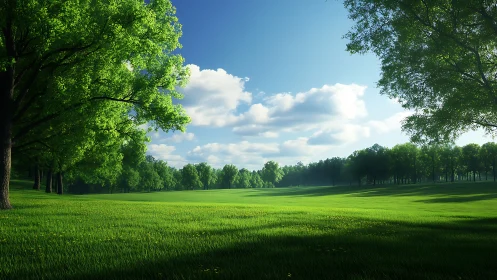Sunlit green meadow stretches under wide blue sky.