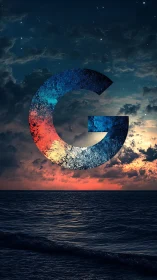 Large textured G over seascape at dusk sky scene.