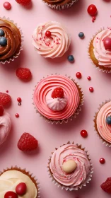 Pink Frosted Cupcakes with Fresh Berries Against Pastel Background.