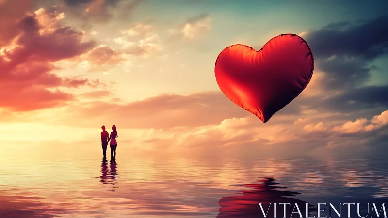 Couple standing in water beneath giant heart-shaped balloon at sunset