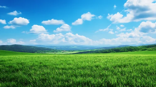 Panoramic spring meadow under stratified cumulus sky.