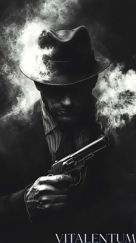 Shadowed noir detective stands poised in swirling smoke