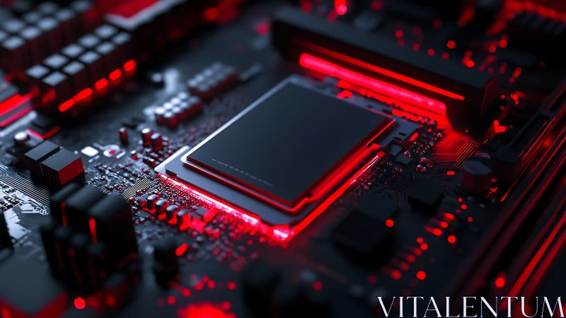 Glowing red circuit board with sleek central processor core.