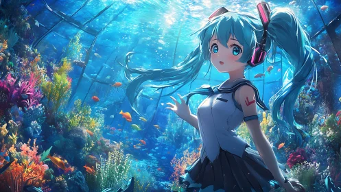Cel-shaded aqua-haired girl explores luminous underwater reef scene