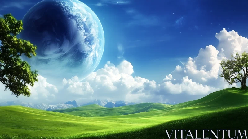 Peaceful green hills under a gentle blue alien sky.