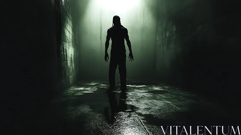 Silhouetted figure stands in a wet, dimly lit corridor