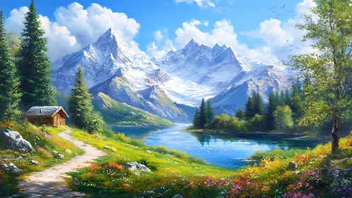 Sunlit alpine valley with glacial peaks and reflective lake