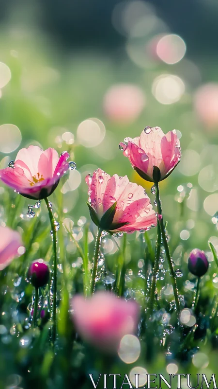 Pink Poppies with Morning Dew Bokeh Effect.
