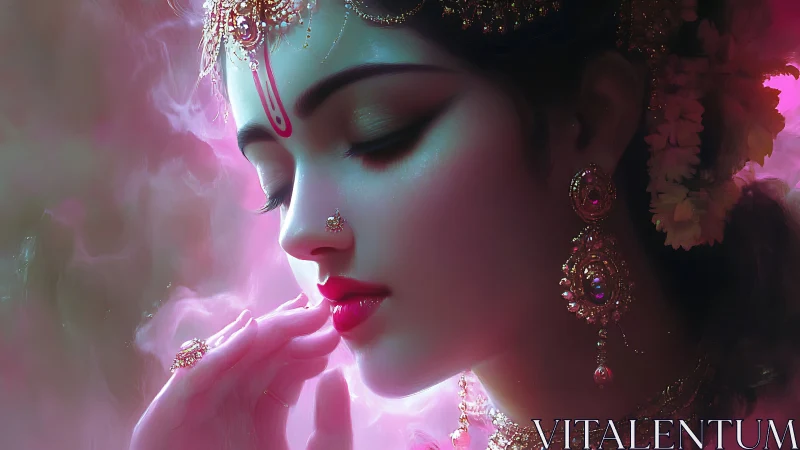 Close-up digital portrait of jeweled woman in pink glow.