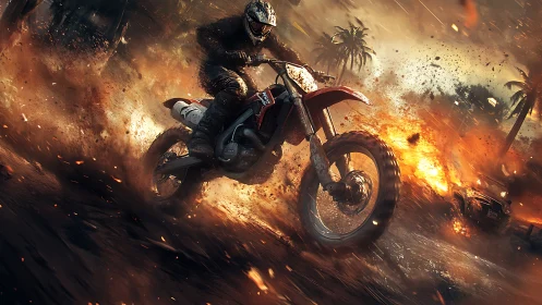 Flame-laced dirt bike slashes through a storm of desert fire