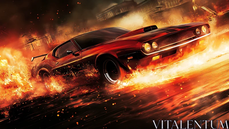 Red Muscle Car Engulfed in Flames and Destruction.