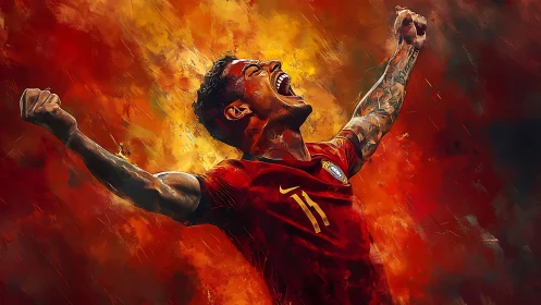 Dynamic digital painting of triumphant soccer celebration.