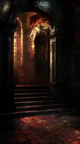 Gothic archway stairwell in dramatic chiaroscuro lighting.