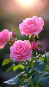 Pink Roses Unfold in Golden Hour Splendor with Luminous Petals.