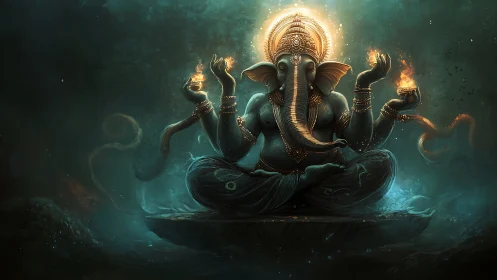 Cosmic elephant sage radiates firelit serenity in teal haze.