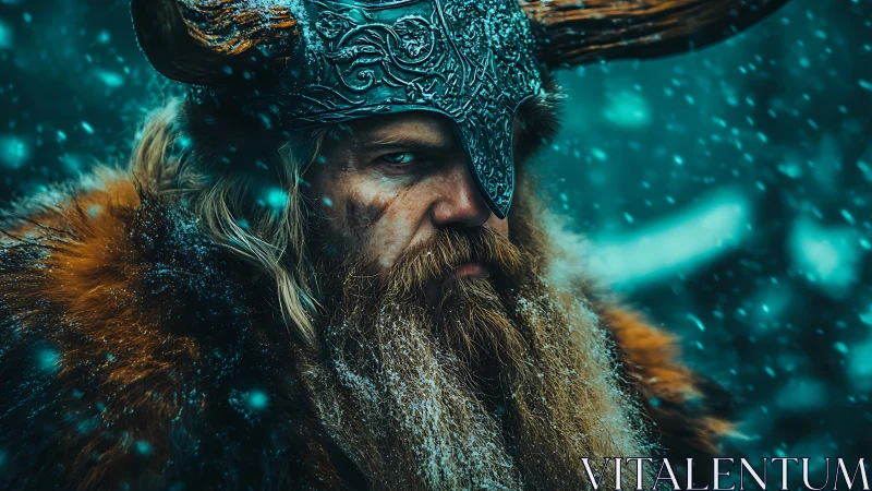 Bearded Viking warrior in horned helmet amid snowfall.