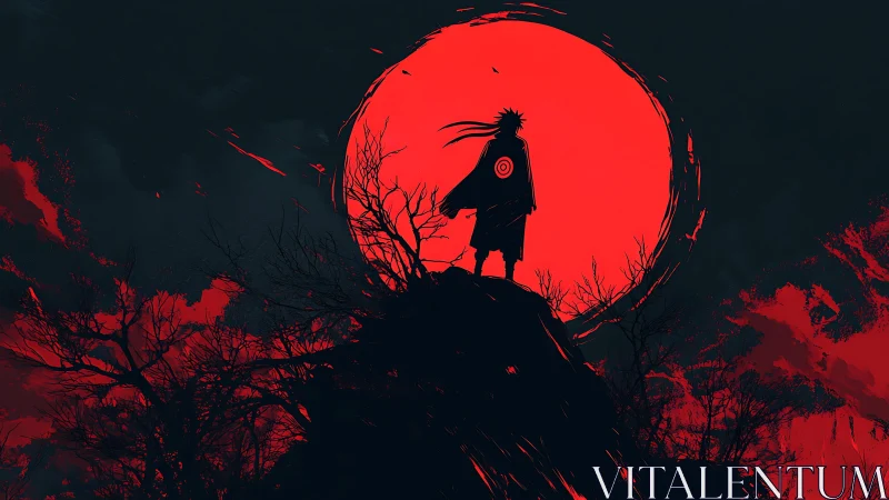 Lone warrior stands against a vast, blood-red moon.