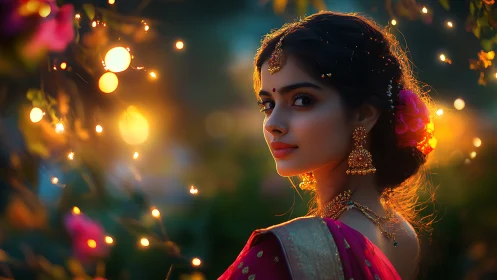 Bridal portrait renders bokeh-lit garden in vivid digital chiaroscuro