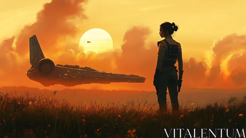 Sunset field rendezvous with retrofuturist starship silhouette.