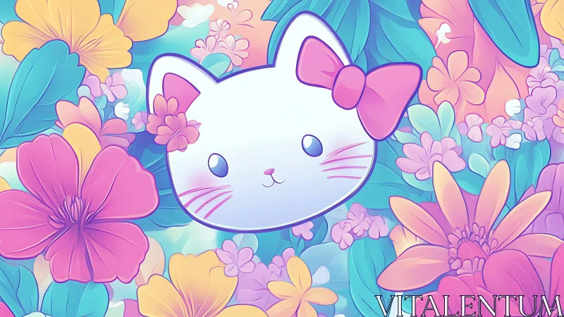Kawaii cat portrait rests in pastel floral garden bloom.