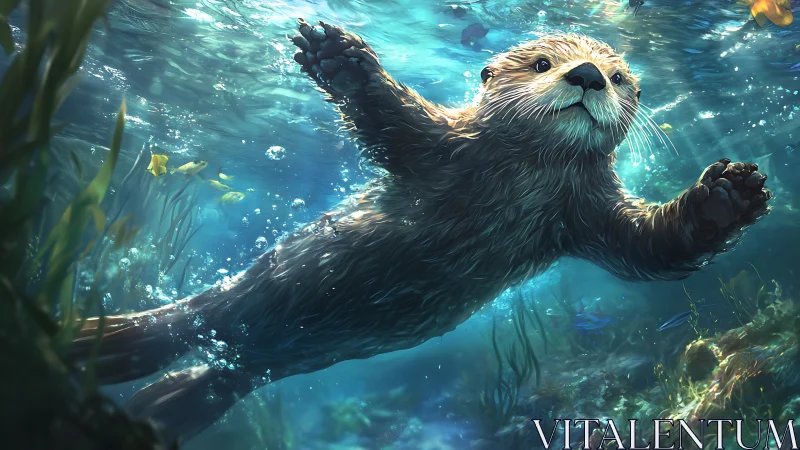 Digital illustration of otter underwater in kelp forest.