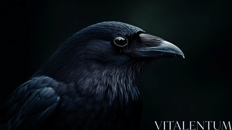 Raven head profile with detailed feather texture against dark background.