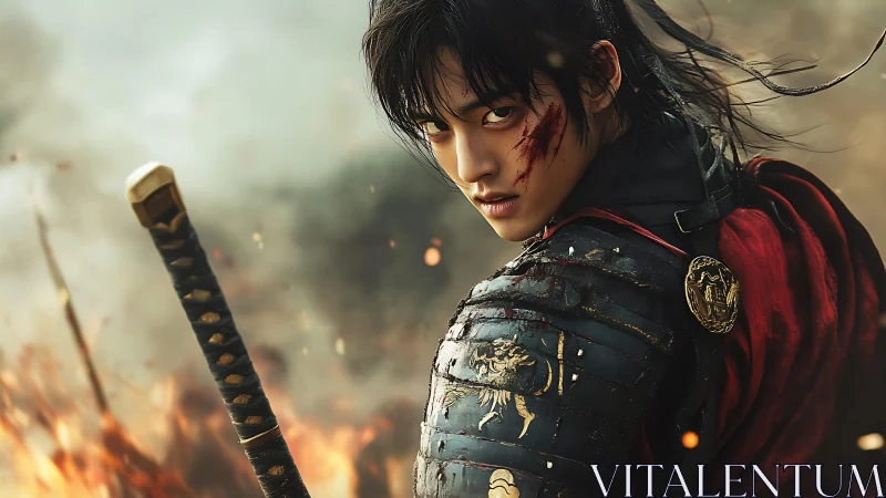 Armored swordsman with katana amid smoke and embers.