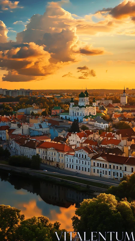 Historic riverside cityscape under structured sunset sky.