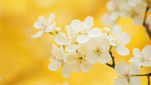 White blossoms photographed against yellow background with detailed stamen visibility.