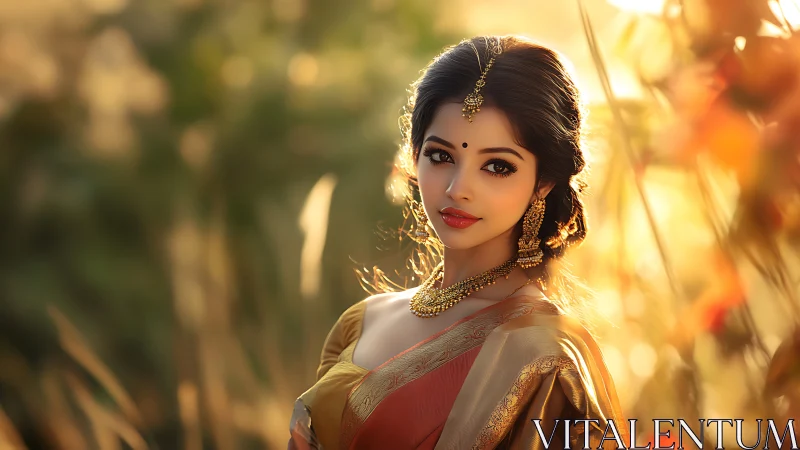 Golden hour portrait of woman in silk saree and jewelry.