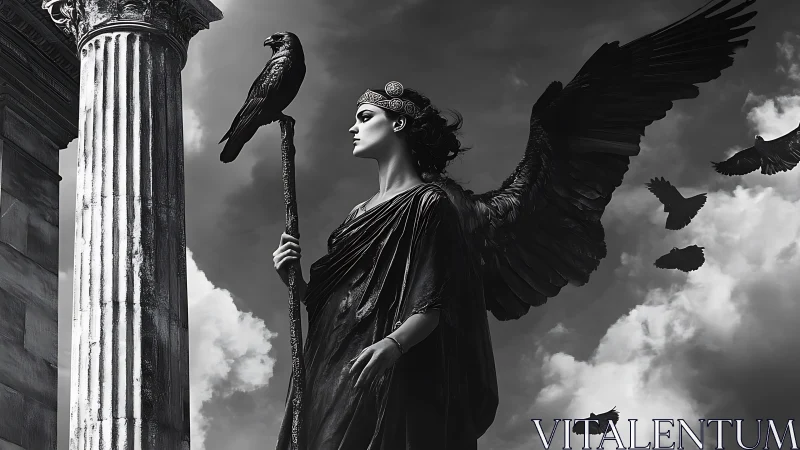 Winged goddess with raven staff amid neoclassical ruins.