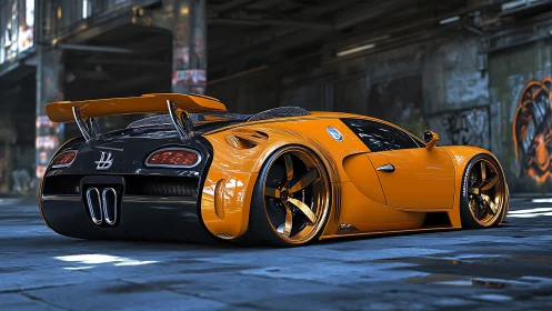 Widebody orange hypercar rendered in high-gloss 3D under warehouse lighting