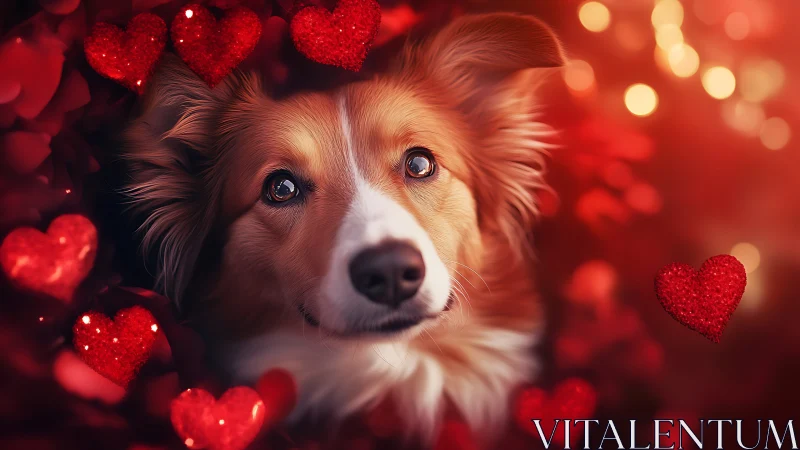 Border collie portrait in red heart bokeh with warm backlight.