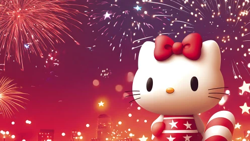 Cartoon cat observes bright city fireworks under red sky