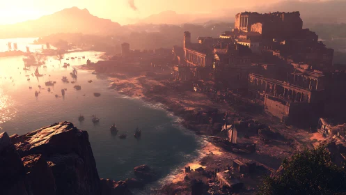 Sun-drowned ancient harbor city wrapped in ember haze.