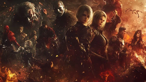 Battle-hardened soldiers amid flames and monstrous foes.