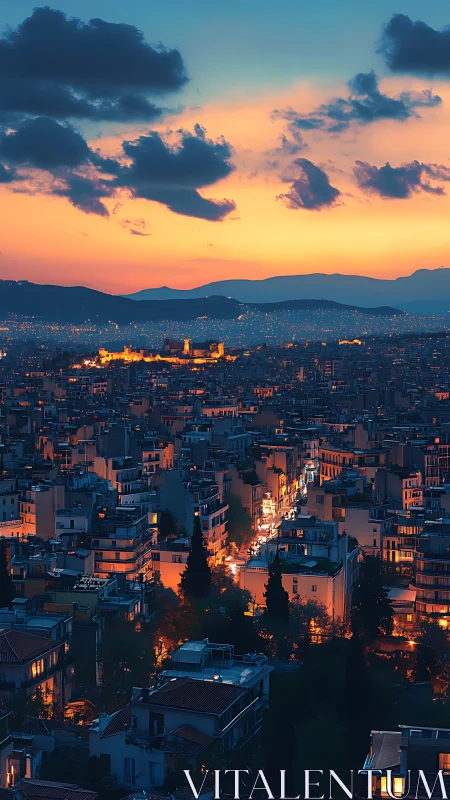 Sunset-drenched city lights weaving toward distant hills.