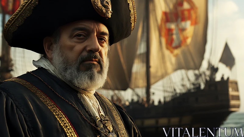 Sea captain in ornate uniform stands before sailing ship