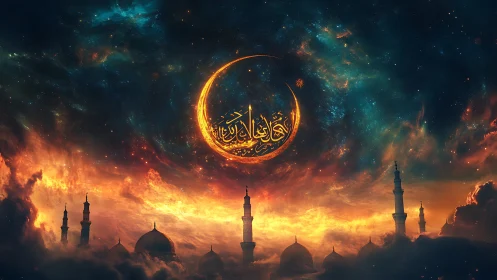 Crescent moon with Arabic script over silhouetted mosque skyline.