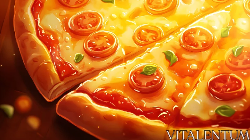 Golden cheese pizza slices with tomato medallions glow.