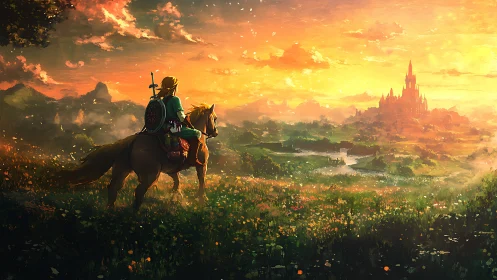 Heroic rider surveys sunlit kingdom from wild meadow.