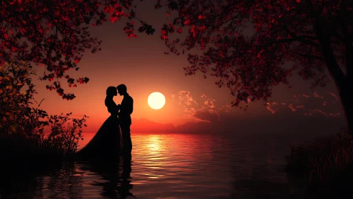 Silhouetted couple embracing in water at sunset with crimson foliage framing the scene