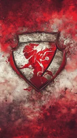 Red lion crest on grunge shield with splattered background.