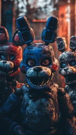 Rust-bitten robot bunnies grin beneath burnt neon twilight.