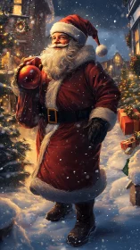 Santa walks through a glowing snowy street on Christmas Eve