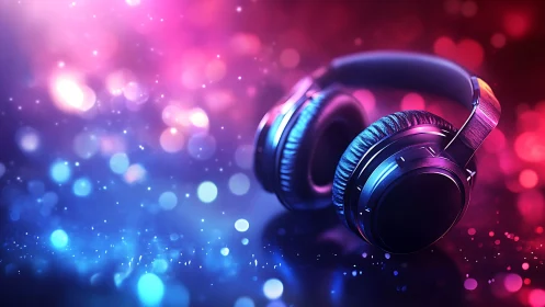 Studio headphones in colorful bokeh light environment.