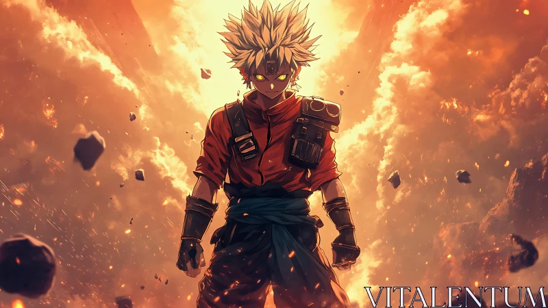 Explosive anime warrior in volcanic rupture with drifting debris